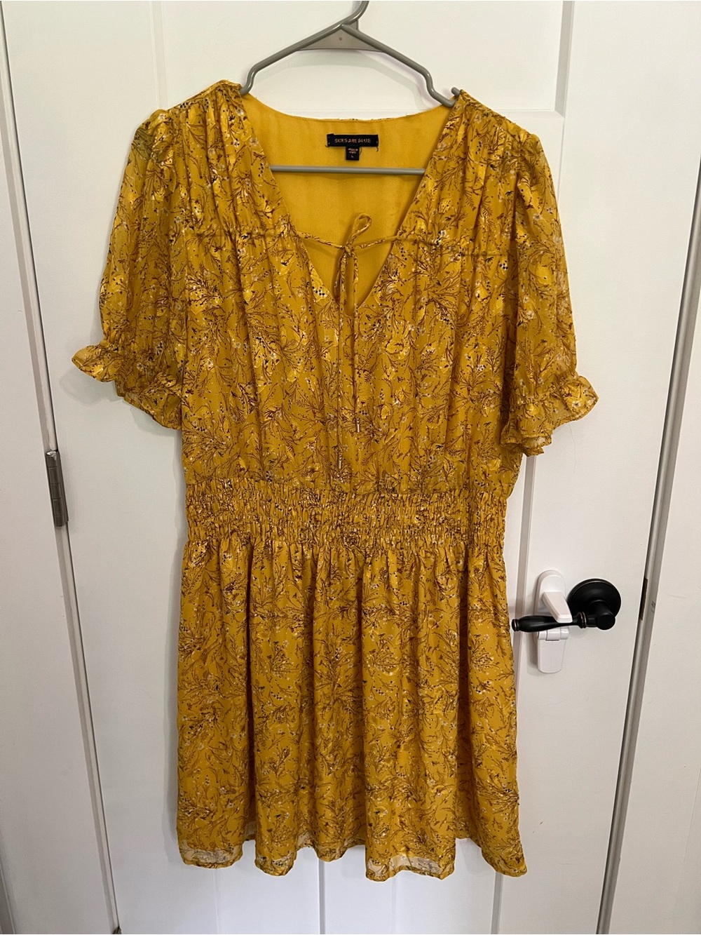 Skies Are Blue Mustard Yellow Floral Tie-Front Mini Dress
